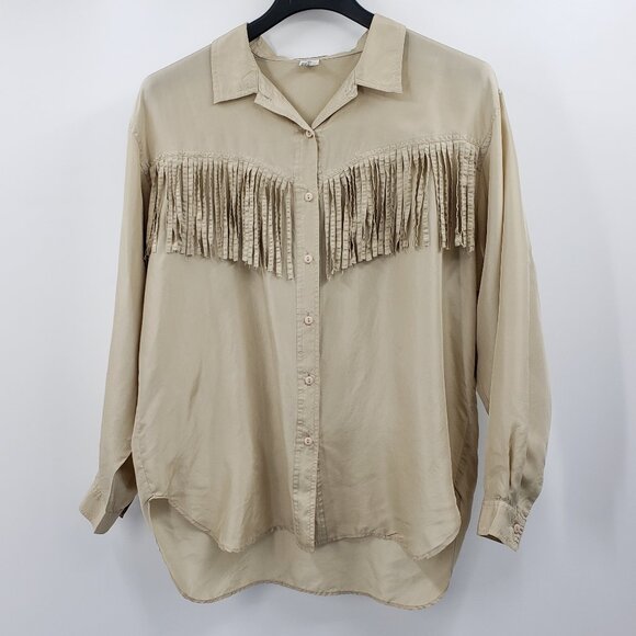 Vintage Tops - Vtg Silk Mist Button Up Western Shirt Womens L Tan 100% Silk Fringe Long Sleeve